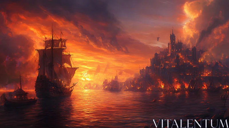 Medieval Harbor Inferno: Galleon Against Apocalyptic Skyline.