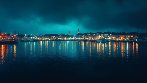 Harbor skyline glows under stormy teal night clouds.