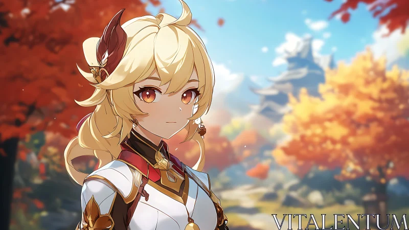 Blonde armored character stands before autumn landscape
