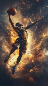Dynamic digital painting of basketball player in fiery ascent.
