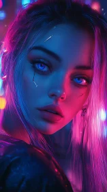 Cyberpunk portrait in neon blue and magenta rim lighting.