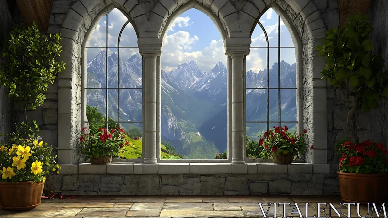 Sunny stone terrace framing calm mountain valley views.