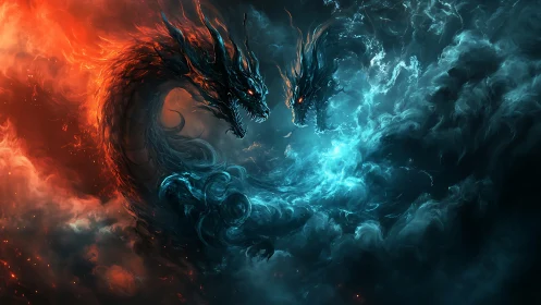 Elemental dragon duel within swirling fire and ice clouds.