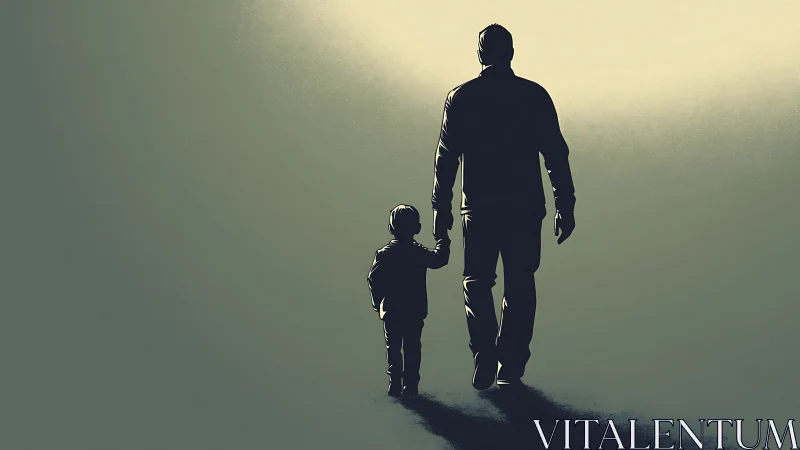 Silhouetted parent and child walking into diffuse golden light.