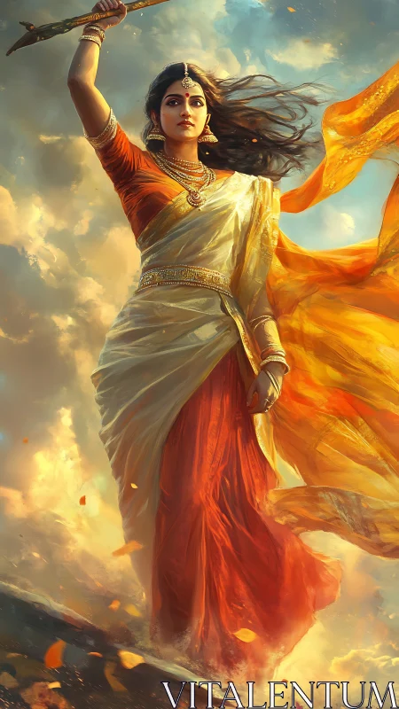 Woman in traditional attire holding spear against cloudy sky.