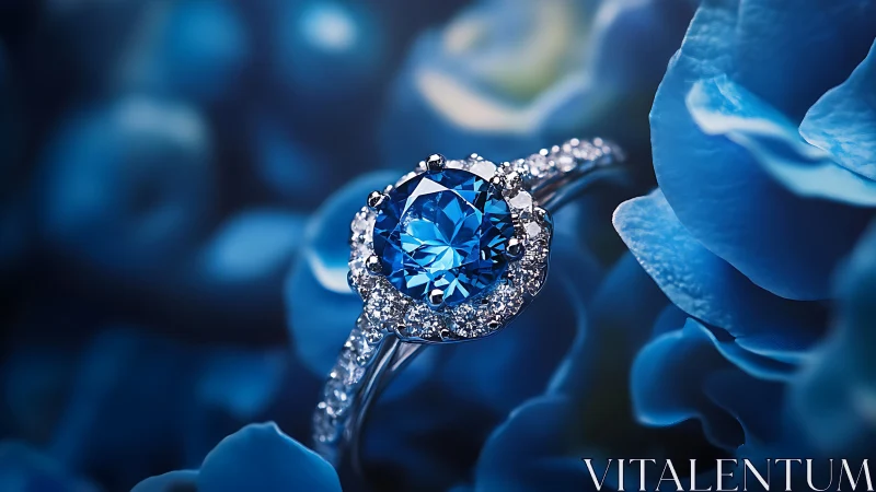 Blue gemstone ring centered among out-of-focus petals.