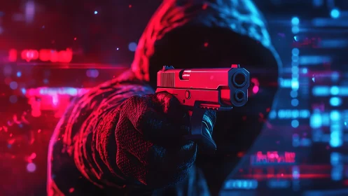 Neon hooded gunman stares down the digital underworld.