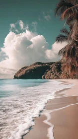 Tropical beach with palm trees, turquoise water and forested cliff