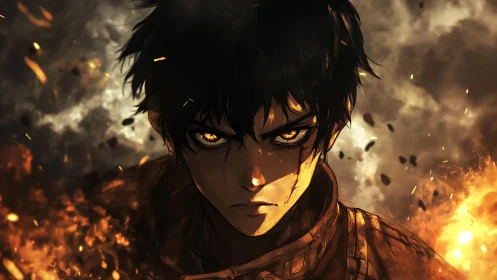 Storm-eyed anime hero walking through embers and smoke.