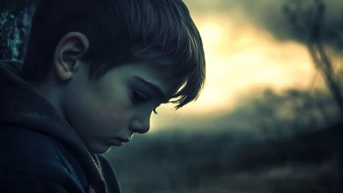 Side profile of young boy outdoors at dusk in soft focus.