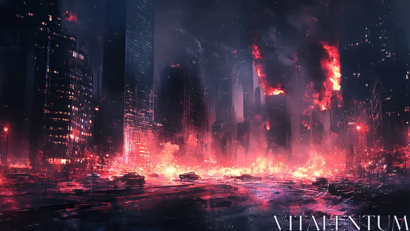 Nighttime cyberpunk metropolis engulfed in crimson inferno.
