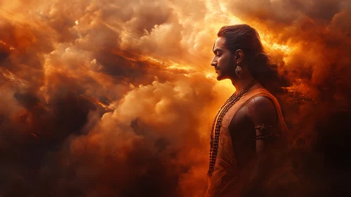 Profile of robed man amid dense orange storm clouds.