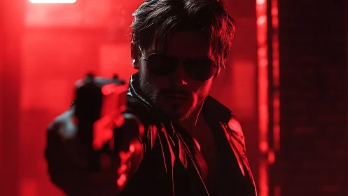 Armed man in leather jacket under intense red lighting.