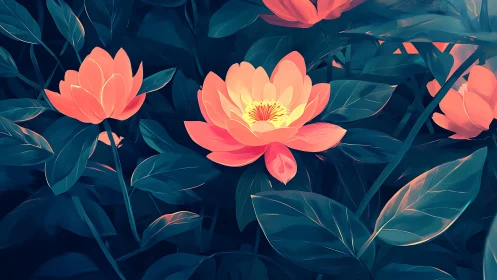 Luminous Coral Peonies Blooming in Deep Teal Garden