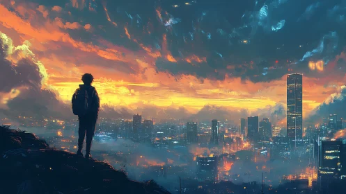 Silhouetted lone figure observing illuminated city skyline.