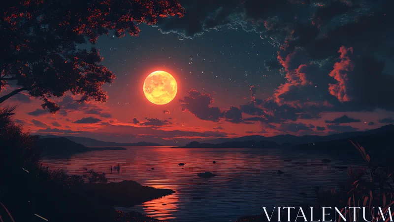 Crimson moonrise ignites a tranquil starlit lakeshore dreamscape.
