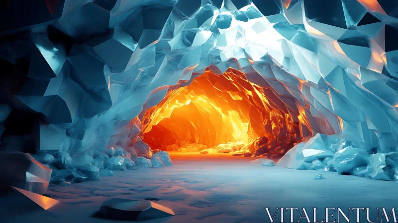 Crystal ice tunnel ignites with molten sunrise at its heart.