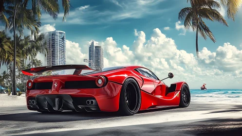 Red hypercar dominates sunlit tropical beachfront boulevard.