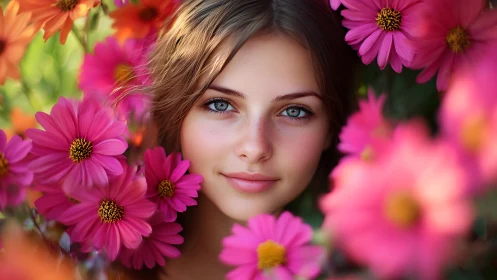 Portrait surrounded by vibrant pink flowers.