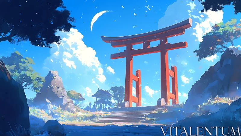 Sunlit torii gate welcoming wanderers into bright skies.