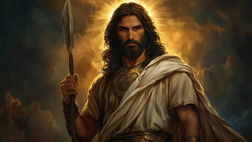 Radiant warrior in golden light holding a solemn spear.