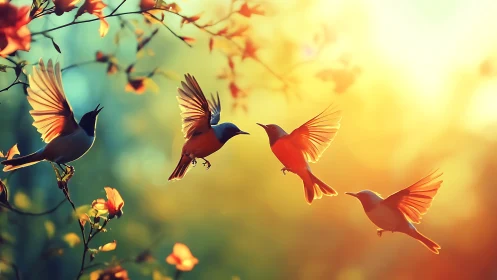 Sunlit songbirds in flight over glowing spring foliage.