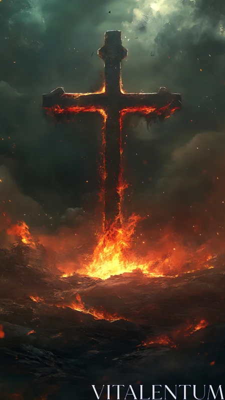 Burning crucifix rising from volcanic inferno storm clouds.