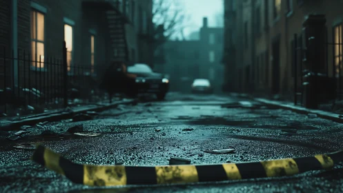 Moody wet alleyway quietly glows beyond fallen caution tape