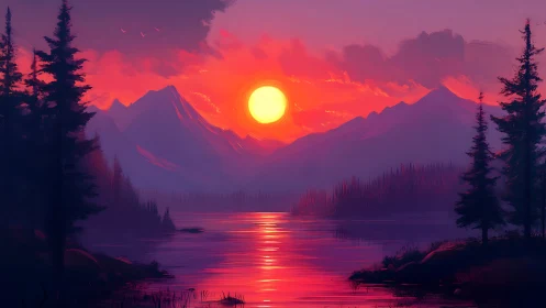 Vibrant digital sunset over alpine lake and mountains.