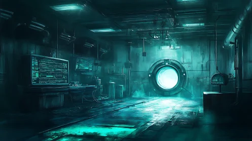 Cyberpunk lab corridor glows with active vortex portal.