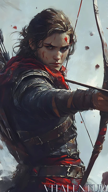 Armored archer drawing bow with red cloak in battle scene.