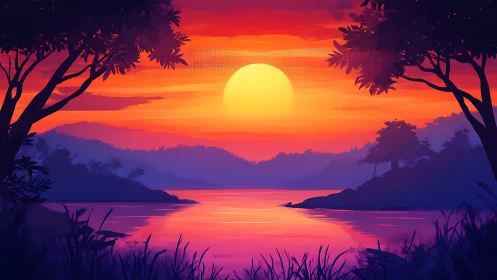 Sunset illuminates stylized lake landscape between silhouettes