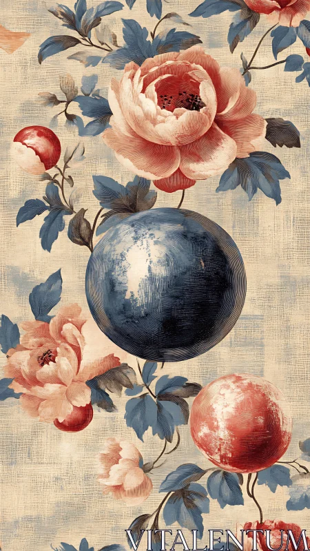 Vintage peonies and painted planets in gentle orbit.