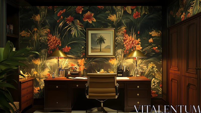 Tropical home office glows with warm lamplight and lush walls