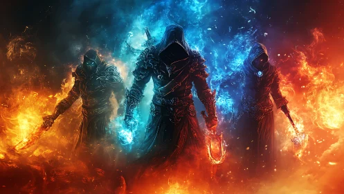 Elemental warlocks in triadic formation amid bifurcated flames.