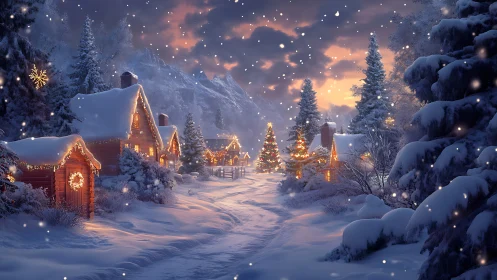 Snowy holiday village glows softly with warm winter lights