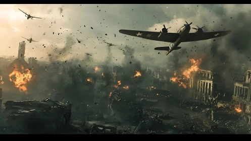 High-altitude bombers traverse fire-scarred urban battlefield under smoke