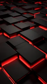 Black geometric blocks glow with intense red neon light