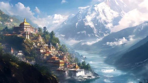 Mountain river valley with terraced temples and clouds.