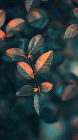 Gentle teal leaves glow in warm sunset-toned evening light