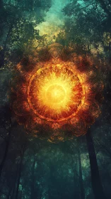 Solar mandala portal radiates above dense twilight forest.