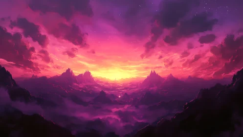 Digital painting panorama of luminous fantasy mountain sunset.