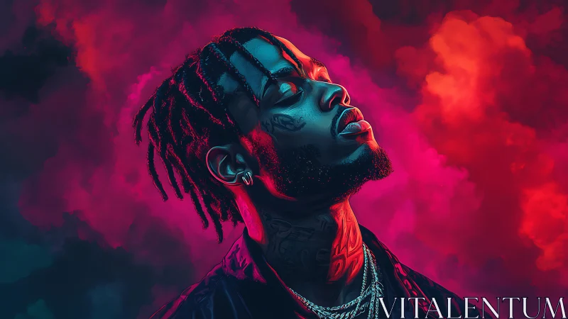 Neon-lit portrait of a pensive man against vibrant smoke clouds