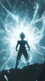 Electrified anime warrior silhouette amid explosive aura.
