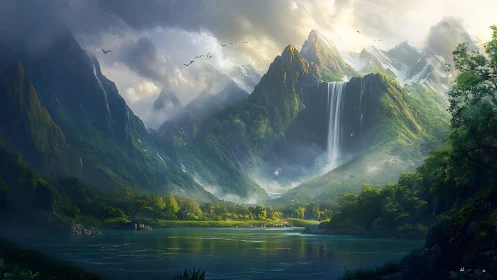 Sunlit waterfall valley wrapped in misty emerald peaks.