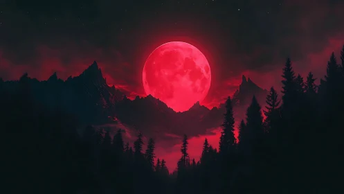 Red full moon rises above dark conifer forest and peaks