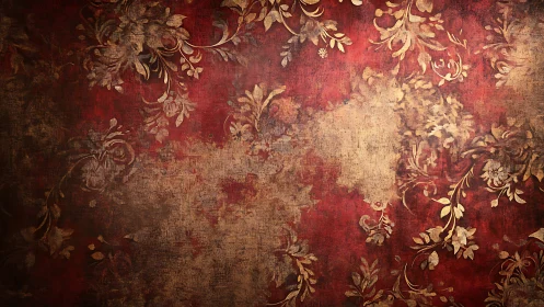 Worn red floral surface displays distressed ornamental pattern