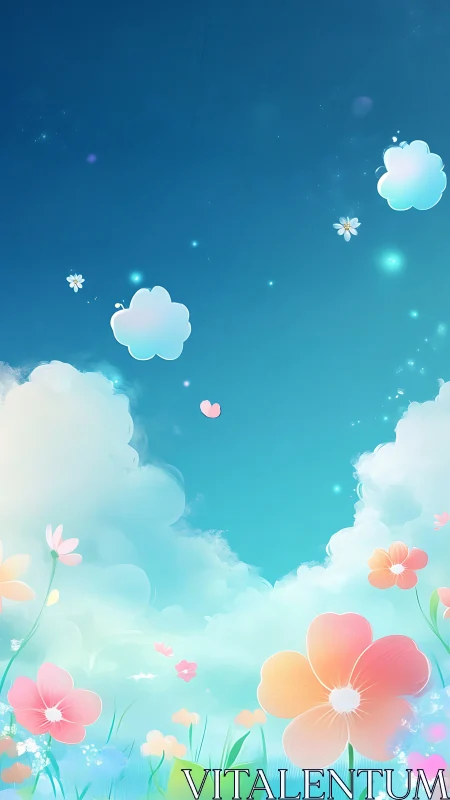 Cotton clouds and pastel blooms under a candy-blue sky.