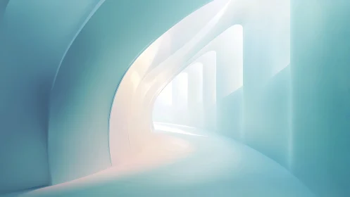 Minimalist 3D architectural passage with soft luminosity and fluid geometric forms.