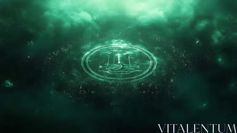 Green holographic circular interface within dense mist field.